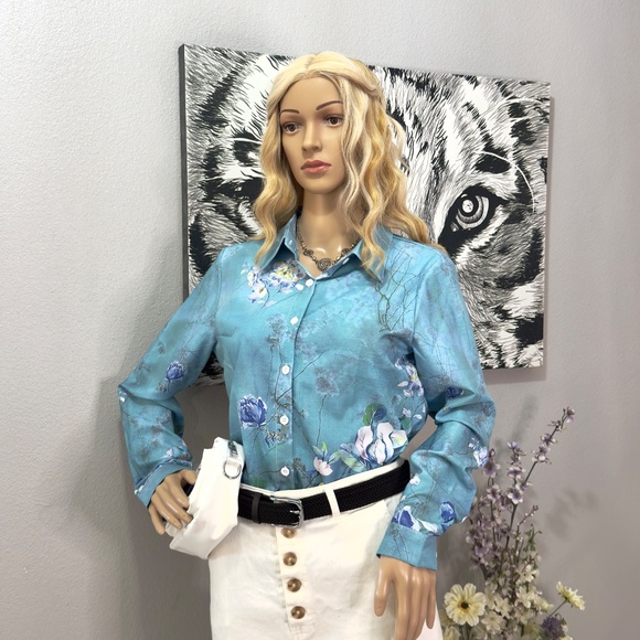 Teal Long Sleeve Floral Print Blouse - Picture 2 of 3